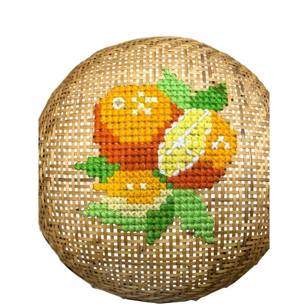 Vintage Woven Rattan Basket Yarn Embroidered Floral Folk Art Boho Wall Decor
